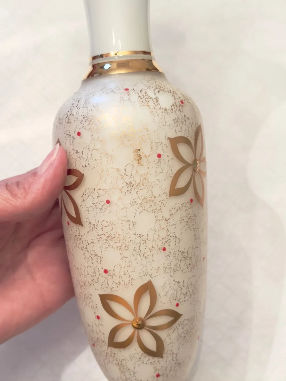 White opaline/milk glass gilded (gold) flower speckled gold stippling red dots